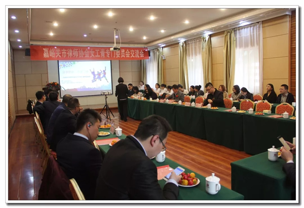2018年4月21日下午，嘉峪关市律师协会女工青专门委员会交流会议在市宏大宾馆七楼会议室举行，嘉峪关市司法局副局长李虹、市妇联主席丁彩霞、市工会副主席贾林、市青联主席马亮应邀参加会议。参加会议的还有市
