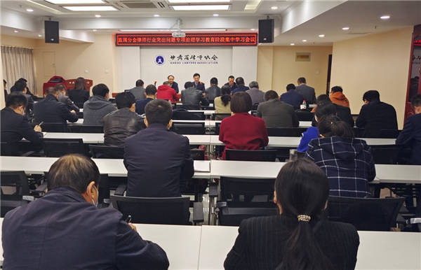 3月18日下午，甘肃省律师协会直属分会召开律师行业突出问题专项治理学习教育阶段集中学习会议，甘肃省律师协会副会长、直属分会会长赵耀，直属分会党总支书记、副会长王森，直属分会党总支副书记孙赓出席会议，直